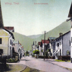 Bahnhofstraße, Gasthof Rose rechts Fleischhauerei Cimadom, 1907