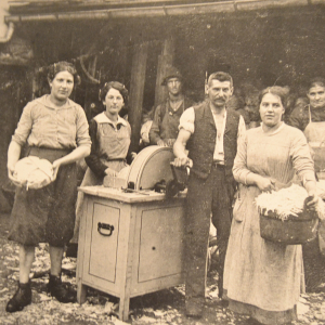 Familie Schwingshackl beim Krautschneiden, rechts die kleine Paula, Mutter von Erika Pardon, 2. von links Marianne Schwingshackl. Ca. 1916