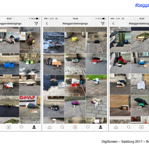 *DigiScreen* Salzburg 2017, Instagram-Postings zum Hashtag #beggarsbelongings die auf einem DigiScreen im Salzburger Schoss Mirabell zu sehen waren.