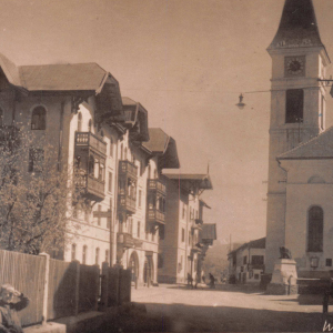 Andreas-Hofer-Platz, mit Sepp Gollner, GH Alte Post, Pfarrkirche, GH Volland