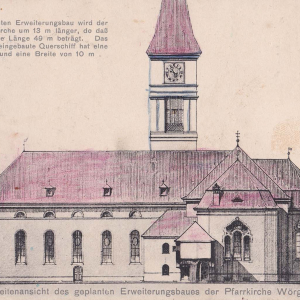 ca. 1910, Seitenansicht des geplanten Erweiterungsbau, durch dem die Kirche um 13 m länger wurde, so dass die gesamte innere Länge 49 m beträgtx