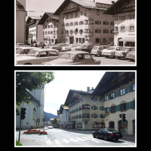 Beginn der Salzburger Straße, ca. 1965 vorne Raiffeisenplatz, dahinter Stadtpfarrkirche, Hotel Alte Post, Zangerl, Hotel Schachtner, Johann Gollner-Kaufhaus