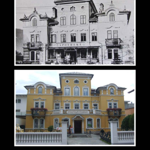 Ca. 1911 Bahnhofstraße 28 bzw. 32,  Apotheke &prime;Zum Speckbacher&prime; mit einem Speckbacherbild über dem Eingang auf der Veranda