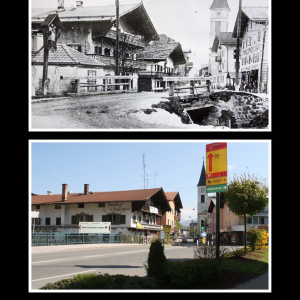 Ca. 1920 Beginn der Innsbrucker Straße, Brücke über den Wörgler Bach mit Hl. Johannes Nepomuk, Metzgerei Waltl-Aufinger, Bäckerei Mitterer, Gasthof Alte Post, Marktgemeindeamt, Kirchturm, Gasthof Volland, Geschäft Franz Danek