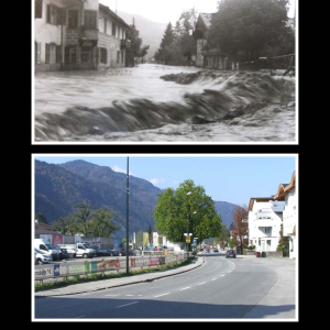 Innsbrucker Straße gegen Westen,  20. Juli 1946 Hochwasser vor dem Mager-Geschäftshaus, rechts: Riedhart-Geschäft