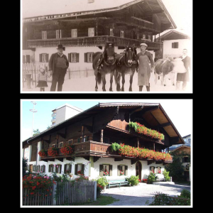 Ca. 1920 Bahnhofstraße 13, der Karglhof mit Zuhaus und davor der stolze Besitzer mit Knechten, Pferden und Rind