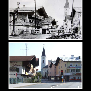 Ca. 1911 Brücke über den Wörgler Bach mit Hl. Johannes Nepomuk, Beginn der Innsbrucker Straße  Gasthof und Metzgerei Waltl - Aufinger, Bäckerei Mitterer,  Gasthof Alte Post, Kirchturm, Gasthof Volland, Geschäft Franz Danek