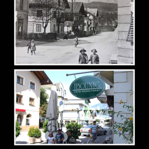 Ca. 1911 Bahnhofstraße gegen Norden. Die Schwestern Gretl und Olga Häupl neben dem Gasthof Wörglerhof, gegenüber Thaler-,  Neuschmied-Haus, Brauerei-Verwaltung, Barkowsky-, Gerstner-, Tomann-Haus, Gasthof Rose