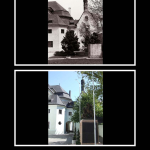 Ca. 1980 Sakristei und Taufkapelle, Kriegerdenkmal des 1. U. 2. Weltkrieges im Kirchhof, vor 1062 Totenkapelle