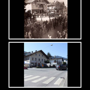 1912 Innsbrucker Straße Leichenzug zum Begräbnis von Bürgermeister Josef Steinbacher, dahinter  das Horhager – Haus und Haus des Franz Gruber