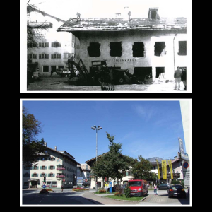 1964 Raiffeisenplatz, Abbruch des alten Marktgemeindeamtes, Raiffeisenkasse u. a. dahinter Gasthof Schachtner