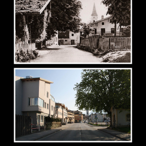 Ca. 1911 Innsbrucker Straße gegen Ortsmitte von links: Riedhäusl, Spiegl-Wirt, Spiegl-Stall, Mager-Haus, Schatten der Riedhart-Kapelle