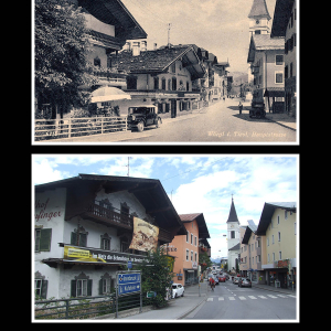 Ca. 1930 Beginn der Innsbrucker Straße, Gasthof und Metzgerei Aufinger, Bäckerei Mitterer, Gasthof Alte Post, Haus der Alis Mayr, Kirchturm, Gasthof Volland, Geschäft Franz Danek