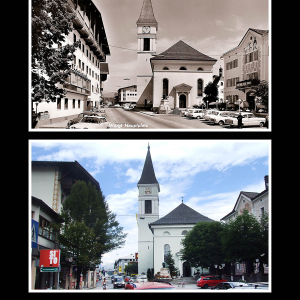 Ca. 1965 Andreas-Hofer-Platz Hotel Alte Post, Raiffeisen-Bezirkskasse Wörgl, Stadtpfarrkirche, Gasthof Neue Post