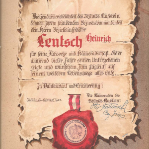 Abschiedsurkunde für Bezirksinspektor Heinrich Lentsch, 1951