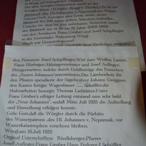 Urkunden Abschrift von Hans Federer für den hl. Johannes von Nepomuk, Wörgl