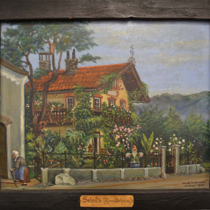 Seisl Künstlerheim, gemalt von Mathias Widmann 1933, beachten Sie den Gartenzwerg mit einem Fes auf, wie der Künstler Seisl.